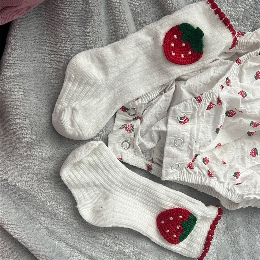 Rachel Zoe White One-Piece with Red Strawberry Print, Headband & Socks - Picture 2 of 3